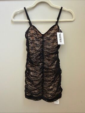 NWT Katie J NYC Black Sheer Ruched Lace Slip Dress with Nude Lining Sz L